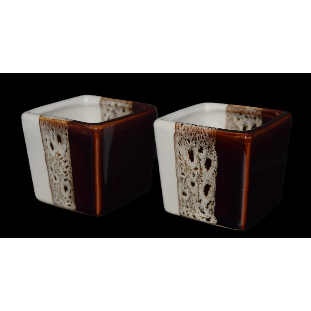Vintage Pier 1 Tri Color Square Espresso Mugs Set of 2 Brown White Stoneware